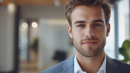 Poster - A close-up of a young businessman on a video call, with a clear view of his engaging expression and well-groomed appearance, set against a sleek office backdrop.