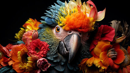 Vibrant macaw parrot portrait surrounded by tropical flowers, showcasing exotic beauty and vivid colors against a dark background