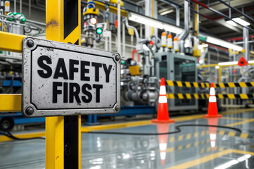 A safety sign on a metal gate with sign says word text phrase 