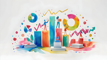 Wall Mural - A group of people analyzing watercolor financial growth charts with laptops on fantastical background   3D Flat Icon People Watercolor Financial Growth Charts  Laptops Concept