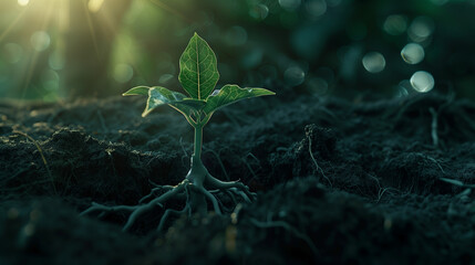 Wall Mural - Young green plant growing at sunlight in the garden. World Earth Day banner. Save world concept.