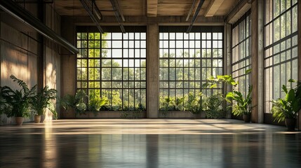 Sticker - Empty Industrial Space with Large Windows and Sunlight Streaming In