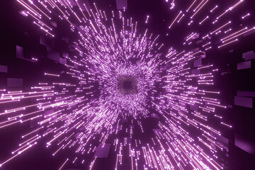 3D render of glowing purple lines with endless tunnel