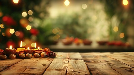 An elegant table adorned with diyas and sweets, blurred background featuring bright rangoli designs, soft warm lighting, creating a joyful and vibrant Diwali setting, rich colors, intricate patterns,