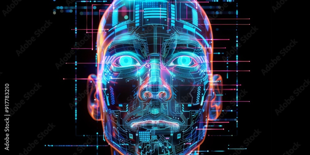 Abstract human head with embedded circuits and data lines, surrounded ...