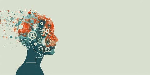 Fototapete - Stylized human head silhouette filled with gears and circuit patterns, symbolizing the intersection of human thought and AI technology in a modern, tech-themed design