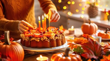 Poster -   A person lighting candles on a cake on an autumn-decorated table surrounded by pumpkins