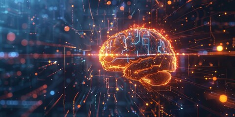 Fototapete - Futuristic digital brain with glowing lines and circuits, set against a background of tech symbols and data streams, illustrating the concept of artificial intelligence