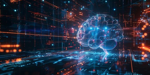 Fototapete - Futuristic digital brain with glowing lines and circuits, set against a background of tech symbols and data streams, illustrating the concept of artificial intelligence