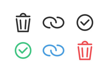 Wall Mural - link chain, checkmark and garbage container outlined symbol set in 2 variations. vector icons in fla
