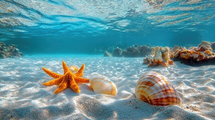 Poster - Starfish and Seashells on Sandy Ocean Floor