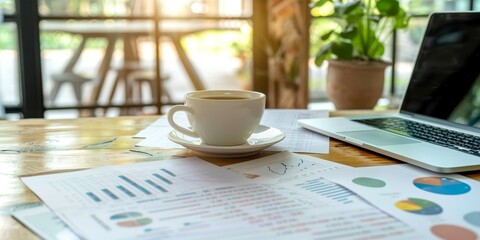 Leinwandbilder - Modern office environment with an open appraisal report on a laptop, surrounded by data sheets, graphs, and a cup of coffee, indicating detailed business analysis