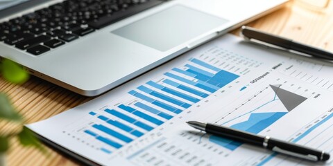 Leinwandbilder - High-angle view of an office desk with an appraisal report, financial charts, a pen, and a laptop, symbolizing professional evaluation and meticulous review