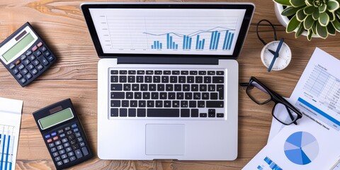 Leinwandbilder - A professional business setting with a detailed appraisal report on a laptop screen, surrounded by financial documents, charts, and a calculator, representing thorough analysis