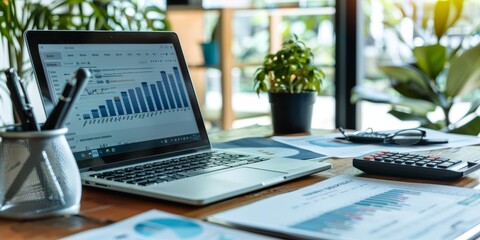 Leinwandbilder - A professional business setting with a detailed appraisal report on a laptop screen, surrounded by financial documents, charts, and a calculator, representing thorough analysis