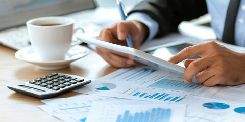 Wall Mural - A business professional analyzing an appraisal report on a tablet, with financial documents, a calculator, and a cup of coffee on a stylish office desk, representing detailed analysis