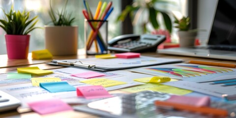 Leinwandbilder - Close-up of an appraisal report on a desk, with sticky notes, graphs, and a calculator, highlighting the detailed and thorough business evaluation process