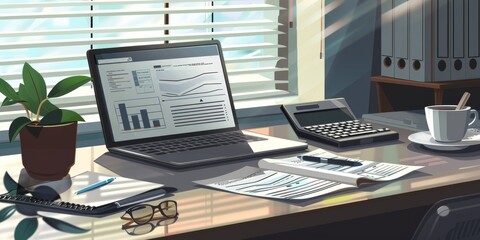 Wall Mural - A modern office setting with an open appraisal report on a laptop, surrounded by financial documents, a cup of coffee, and a calculator, representing professional evaluation