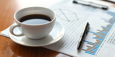 Leinwandbilder - High-angle view of an appraisal report on a desk, with financial charts, a pen, and a cup of coffee, symbolizing meticulous review and detailed analysis