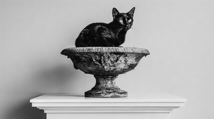 Poster -   A black cat perched atop a vase resting on a white pedestal, in front of a gray backdrop