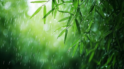 Wall Mural - beautiful green bamboo forest in the rain, water drops on bamboo leaves, wellness day in spa, idyllic bamboo jungle background, fresh idyll in rain forest, green nature concept with copy space