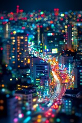 Wall Mural - A vibrant cityscape at night with tiny lights and buildings, enhanced by the tilt-shift effect. 