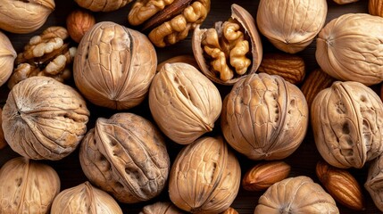 Poster -   A group of nuts arranged on a wooden table near a nut pile