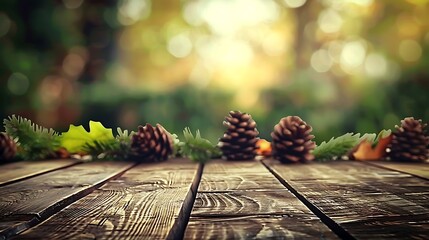 Poster - An empty table with scattered pine cones and leaves, blurred background of a family gathering, warm cozy light, festive and inviting atmosphere, natural textures, soft focus. --ar 16:9 --v 6.