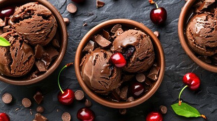 Wall Mural -   Two bowls of ice cream with cherries and chocolate chips on a black surface with cherry and chocolate chip ice cream scoops