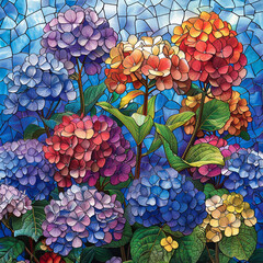 Wall Mural - Colorful stained glass artwork featuring vibrant hydrangea flowers in shades of blue, pink, yellow, and orange, surrounded by lush green leaves.
