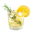 © boule1301 - A glass filled with a lemon beverage, ice cubes, lemon slices, and a sprig of rosemary garnishing the drink isolated on white transparent background.