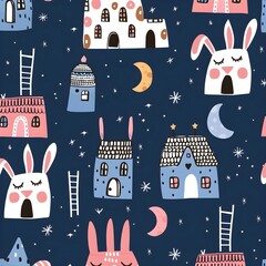 Wall Mural - Cute Cartoon Night Sky with Houses and Rabbits