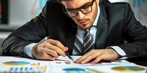 A business professional analyzing data on a digital business application, surrounded by charts and graphs, symbolizing informed decision-making and strategic planning