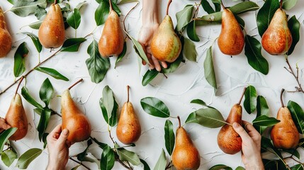 Poster -   A person reaches for a pear from the table while surrounded by leaves