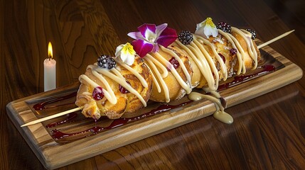 Poster -   A platter with a pastry, icing, berries, and a flower on top, set against a wooden backdrop with a candle in the background