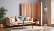 © Narongsag - Modern Living Room Interior Design with Pink Sofa, Brown Curtains, and Natural Elements.
