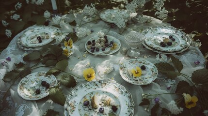 Poster -  Tablecloth covers plateau with sweet treats and flower arrangements