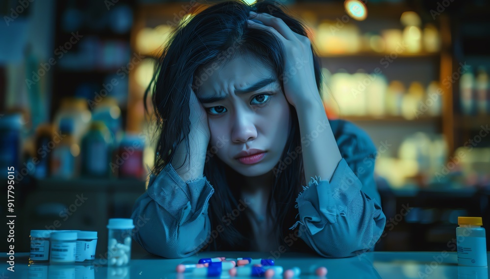 Antidrug campaign, Asian young woman covering face, pills and syringe