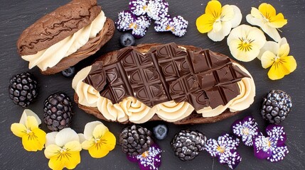 Sticker -   A chocolate cake sits atop a table, surrounded by flowers and a cookie positioned on top of it