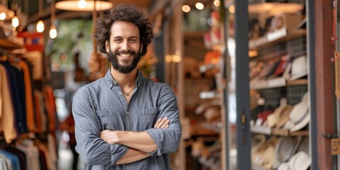 Leinwandbilder - A confident business owner standing in front of their thriving store, smiling proudly with arms crossed, symbolizing success and entrepreneurial spirit