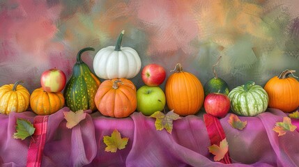 Wall Mural -   A painting of pumpkins, apples, and gourds on a purple cloth-covered table