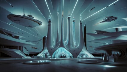 Canvas Print - A futuristic building with a large dome and many lights, AI