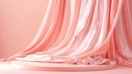 Wall Mural - Luxury beauty product podium with silk fabric on pink background.