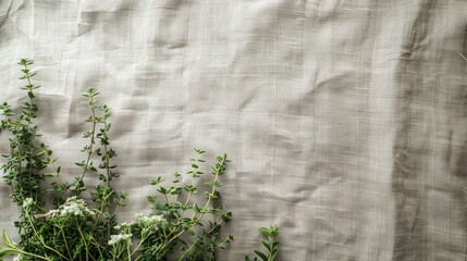 Wall Mural - Blooming thyme, lemon thyme plants on linen, healthy greens, blank space.