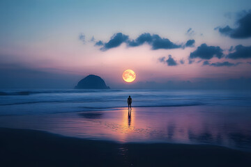 Wall Mural - Lone person viewing the moon rise on the beach