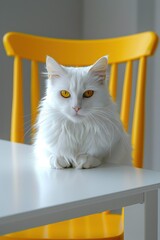 Canvas Print - A white cat with yellow eyes sits on a white table. AI.