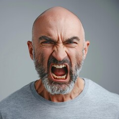 Poster - A man with a beard and a bald head yells with a wide open mouth. AI.