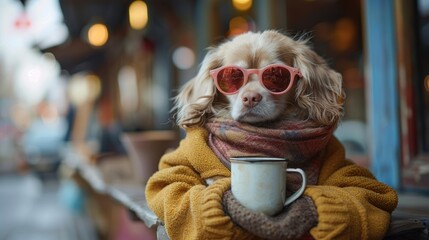 Wall Mural - A dog wearing sunglasses and a scarf holds a mug. AI.