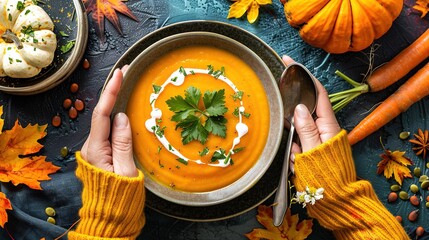 Poster -   A person holds a bowl of carrot soup amidst fall foliage, pumpkins, and gourds on a table