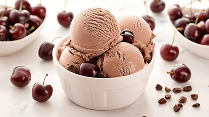 Wall Mural -   A bowl of ice cream with cherries and chocolate chips sits on a table alongside a bowl of cherries